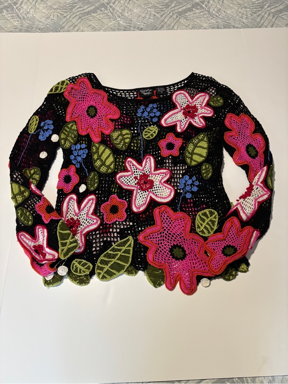 Christina Rotelli Black Floral Crochet Appliqué Mesh Long Sleeve Top - Medium